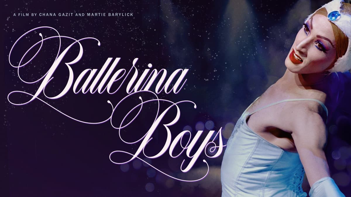 A portrait of a male dancer in drag from the film 'Ballerina Boys.' He is dressed as a swan with a jeweled headdress and dramatic stage makeup, looking over his shoulder with a poised expression against a shimmering purple backdrop.
